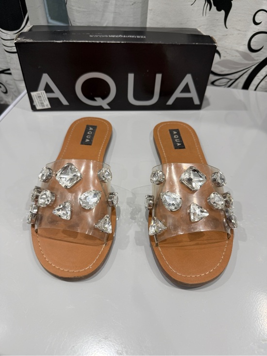 Aqua Shoes - Aqua Clear Gem-Embellished Slide Sandals - Tan Footbed size 10